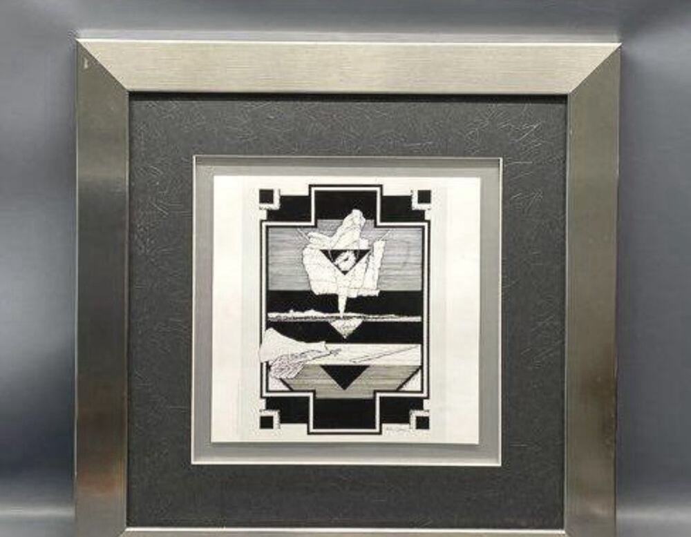 Vnt 60s 70s SURREALIST ABSTRACT ART PRINT FRAMED Signed Val Cox Black White Pgh